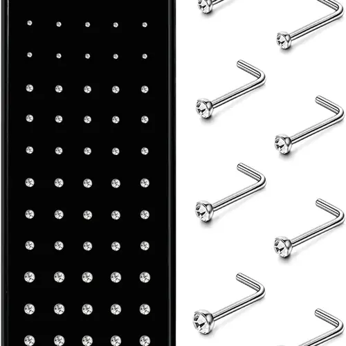Hypoallergenic Nose Studs Set, 60pcs 316L Stainless Steel & Cz Jewelry, Nose Piercing Jewelry, Body Jewelry, L-Shaped Nose Rings, Sizes 20g-22g, Multiple Gauges Available, Body Jewellery