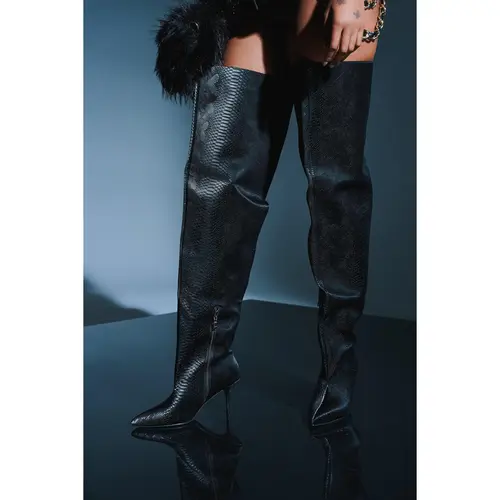 AZALEA WANG HALINA BLACK SNAKE THIGH HIGH BOOT