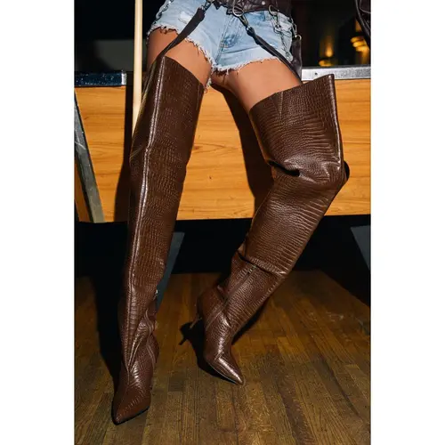 AZALEA WANG HALINA BROWN CROC STILETTO BOOT