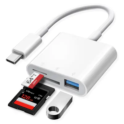 3-in-1 USB C OTG Adapter with TF/SD/Micro Memory Card Reader, Type-C to USB C A Multi Port Hub for iPhone 15 16 Samsung Android Laptop, Supports camera data transfer