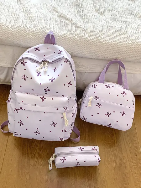Pastel Bow 3-Piece Backpack Set, Includes Backpack, Handbag and Pencil Case, Cute Fashionable and Versatile, Available in Multiple Colors, Suitable for Students' Daily Use and Travel, Backpack for School