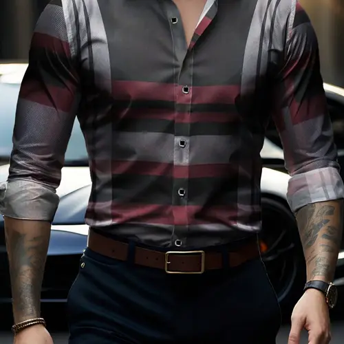 Men's Long Sleeve Casual Striped Fitted Button Front Collared Shirt, Fashion Simple Design, Perfect for Dating & Social Events, Ideal for Spring Summer Autumn Seasons Cs215