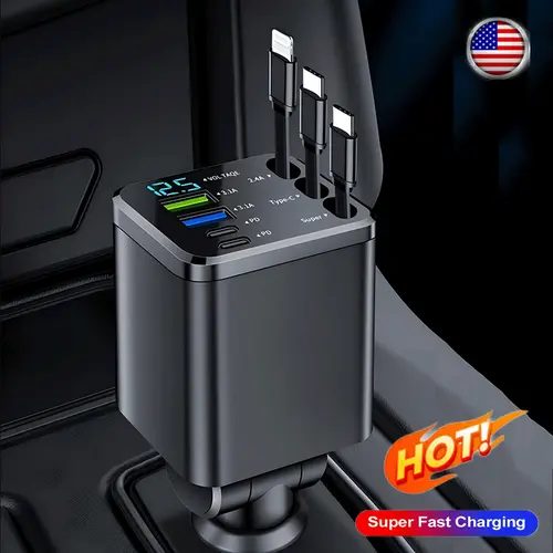 7-in-1 Fast Charge USB Car Charger - 3 Retractable 70cm Cables, PD/QC3.0 Ports, 180° Adjustable Head, Real-Time Voltage Monitoring, LED Light, iOS+Android Ready Road Trip Car Accessory