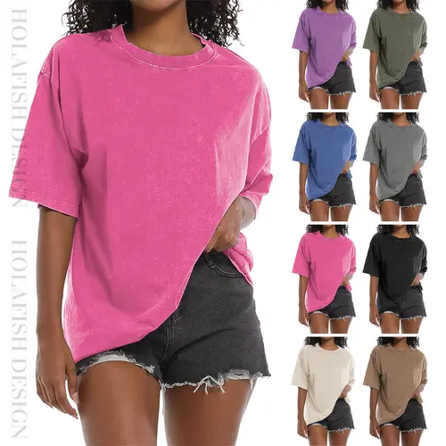 [NEW SIZE!]Holafish Women's Acid Washed Heavy Cotton T-Shirt Vintage Style Soft Breathable Crewneck Top for Everyday Wear Pink Minimalist Basic Fit, Retro, Streetwear