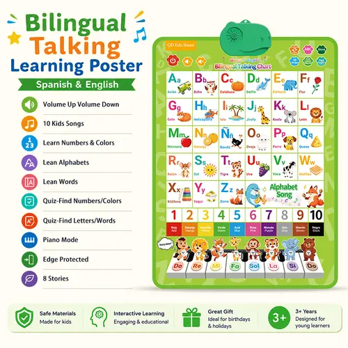 Bilingual English–Spanish Talking Wall Chart for Kids Ages 1–6 | Interactive Early Learning Poster with Songs, ABCs, Numbers, Words & Fun Educational Games for Home, Preschool & Classroom,back to school