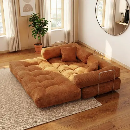 79'' Convertible Sleeper Sofa Bed with Cylindrical Pillow Corduroy Folding Mattress Couch Fixed-Shape Frame for Living Room Bedroom Studio Fully Assembled
