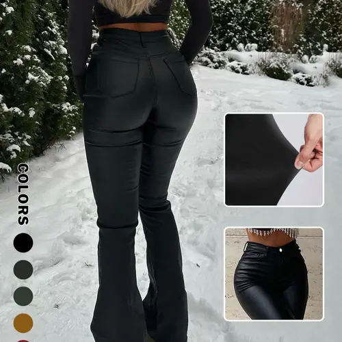 NVFelix Women Faux Leather Butt Lifting Flared Leggings Flare Bootcut High Waist Sexy Bell Bottom Pants Pockets Fit Womenswear