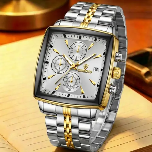 A men's multifunctional square business steel strip fashionable stylish three eye six pin Quartz Analog Timepiece Watch square dial wristwatch Business Fashion Watches Modern Fashionable Wristwatch