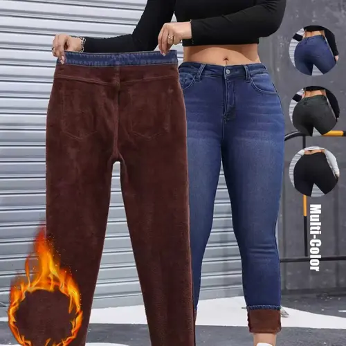 Women's Basic Chic Fleece-Lined Thermal High Waist Jeans, Slim-Fit Woven Denim Pants for Fall & Winter, Chic Bottoms, Trouser
