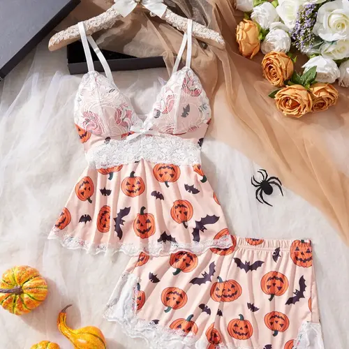 Halloween Theme Women's Pajama Set, Casual Comfortable Tank Top and Elastic Shorts, All Season Ladies Print Sleepwear, Heart Pattern, Birthday Gift