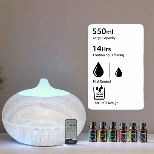 550ml Wood Grain Aromatherapy Diffuser with Remote, 6 Essential Oils & 7 Color LED Light