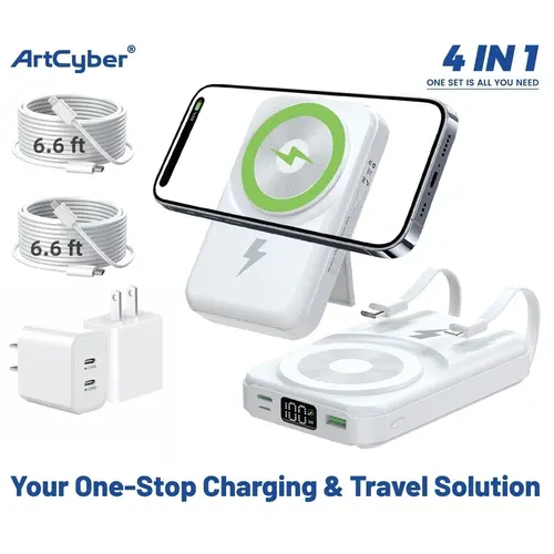 4-in-1 Magnetic Power Bank Set – 10000mAh Foldable Charger with Adapter & 2×2m Charging Cables – Wired and Wireless Charging Compatible with iOS & Android