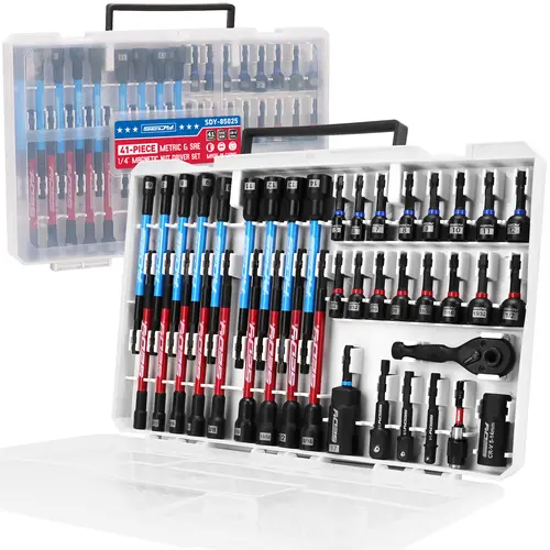 SEDY 41-Piece Premium 1/4"-Drive Magnetic Impact Multi-Tip Nut Driver Set - Metric & SAE, Hex-Shank Nut Drivers, Socket Adapters, 2-in-1 Ratchet Wrench, Universal Sockets, Quick-Release Bit Holder, Durable Strength, Work Tools, Christmas Gift, Tools And G