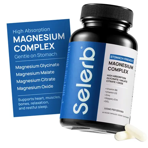 Selerb Magnesium Complex 300mg – 4 Types of Magnesium with B6, D3, Zinc, Slippery Elm – Sleep, Relaxation & Muscle Suppor Dietary t – 90 Capsules Healthcare Fitness Edible