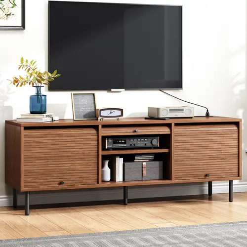 【SummerFinds】ONBRILL 59 Inch TV Stand for TVs up to 65 Inch, Entertainment Center with Power Outlet, Mid-Century Modern TV Console with Storage, Adjustable Shelf & Sliding Doors, TV Stand for Living Room,dorm essentials,home decor