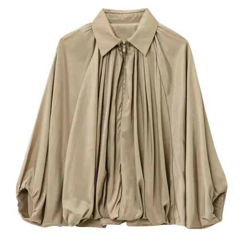 Hixiaohe Women's Chic Puffed Bomber Jacket - Lightweight Fabric Coat with Batwing Sleeves, Zipper Closure, Pleated Shirt Detail, Clothes for Women, Everyday Shirt Top