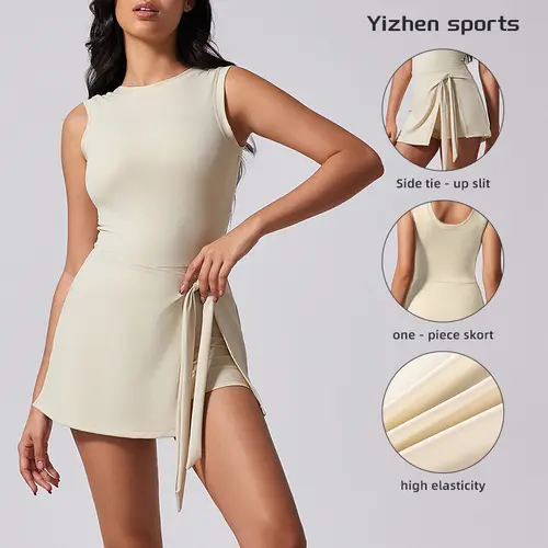 Yizhen Sports Women's Sleeveless Romper Dress - Golf Skirts, Scoop Neck, Wrap Design with Built-in Shorts, Tie Front, High Stretch, Side Tie Slit, Anti-Chafe, Non-See-Through Tennis Attire, Rompers For Women