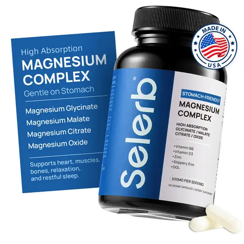 Selerb 300mg Magnesium Complex Dietary Supplement - GMO-Free, 4 Sources (Including Glycinate), Vitamin B6, D3, Zinc, Slippery Elm - Muscle Relaxation, Bone Density Support - 90 Gentle Capsules