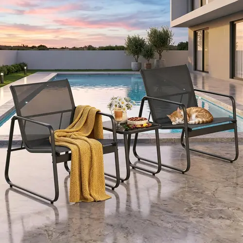 Gizoon 2-Piece Outdoor Patio Chairs Set with Rust-Resistant Metal Frame & Tempered Glass Table, Patio Outdoor Furniture with Quick-Dry Fabric for Balcony, Lawn, Tempered Glass Table Feels Solid