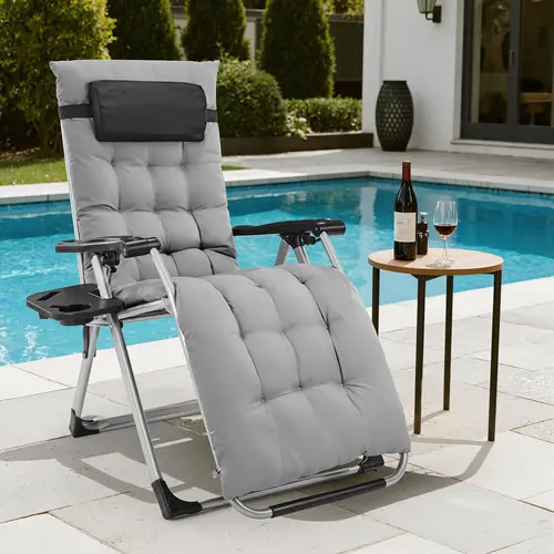 Sweetcrispy Single Seat Sturdy Folding Recliner - Patio Outdoor Chair with Cup Holders, Headrest Adjust, 0-G Body Ease, Removable Cushion, Cup Holder Trays for Camping, Indoor & Outdoor Use