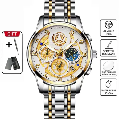 Binbond 4010 Luxury Business Men's Waterproof Quartz Watch, Stainless Steel Strap, Luminous Date Display, Round Dial, Stainless Steel Watches, Quartz Analog Wristwatch, Modern Waterproof Watch, Business Fashion Watch
