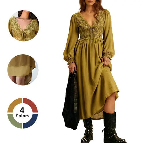 Chicovar Women's Boho Maxi Dress Lace V Neck Puff Sleeve Vintage Flowy Dress for Spring Date Nights, Vacation & Party, Festive Holiday Dress for Christmas | Low Iron Care, Summervibes