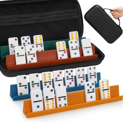 Double 6 Domino Set for Adults & Kids Above 3 - 28 Tiles (2x1x0.28 in), 4 Anti-Slip Silicone Racks (10x1.18x1.18 in), Portable Case, Color-Coded Dots, Family Fun Group Game for Game Nights & Travel