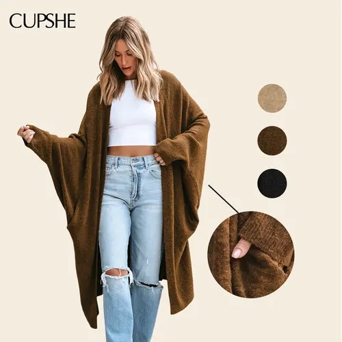 CUPSHE Cardigan Sweaters For Women, Loose Fitting Longline Knit, Open Front Nylon Duster Sweater with Dolman Sleeves, Viscose Lightweight Layering Top, Casual Fall Travel Wear, Machine Washable, #tiktokshopbacktoschool