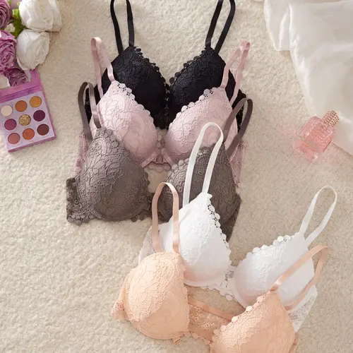 Women's Sexy Front-Closure Push-Up Bralette, Contrast Lace Padded Bra with Lifting Support, Wire-Free Comfort Fit for Small to Medium Bust