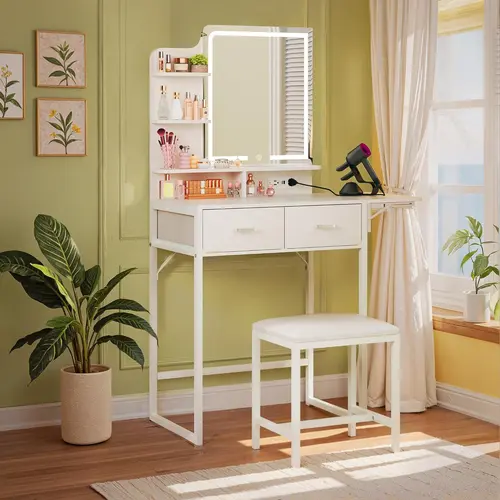 Small Vanity Desk with Mirror and Lights, Makeup Vanity with Fabric Storage Drawer, Chair and Three Shelves, White Vanity with Power Outlet and Fold-up Panel, Bedroom,dorm essentials,home decor