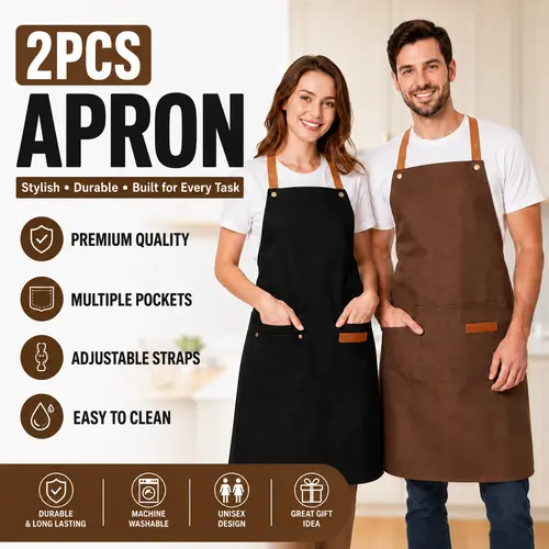 2-Piece Industrial Cotton Twill Blend Aprons Combo, Black + Brown, Full Coverage, Adjustable, Breathable, Stain-Resistant, Machine-Washable, Protective, All Seasons, Includes Pocket, for Kitchen Cooking, Grilling, Casual