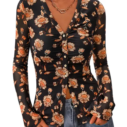 BTFBM Button Down Shirts for Women Fall Fashion 2026 V Neck Long Sleeve Blouse Ruched Mesh Fitted Floral Print Boho Tops