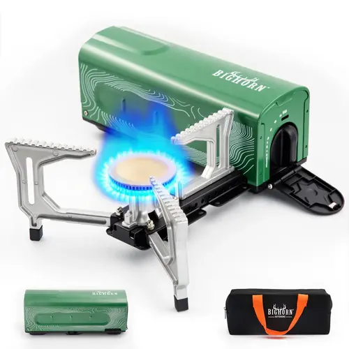 【Labor Day】BIG HORN OUTDOORS Folding Butane Camping Stove - 7500 BTU 2200W Foldable Gas Burner, Compact Form Camping Cooker with Cast Iron-Copper & Aluminium Construction, Carry-Bag for Hiking, Tailgating