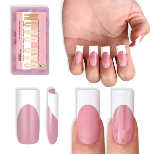 NOVO OVO Press on Fake Nails Kit, Medium Sharp Square White French Tip Berry Pink Soft Gel Full Cover Nail Extensions, Extra Thick, 15 Sizes 180 Pcs for Salon DIY (Requires Top Coat; Excludes Light, Glue, Builder Gel), Press On Nails