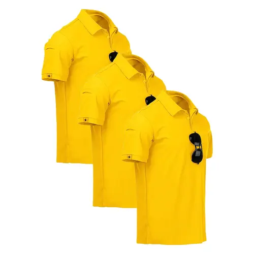 ZITY Men's 3-Pack Yellow Short-Sleeve Fitted Button-Front Polo Shirts, Stretch Dry-Fit Quick-Dry Synthetics Polyester-Spandex Activewear, Golf Soccer Apparel, Breathable Top