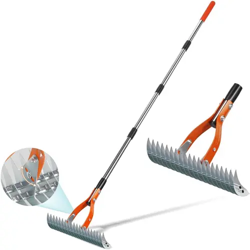 Yofidra 15-in Heavy Duty Aluminum Thatch Rake, 5-ft Adjustable 70-in Manual Soil Loosening Hoes & Rakes, 19-Tine Gardening Tool for Lifting Dead Grass & Yard Maintenance