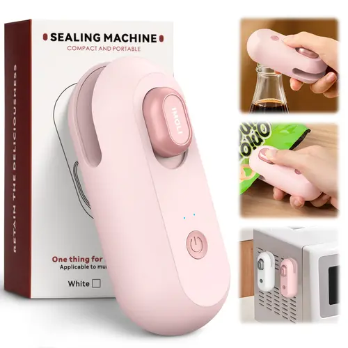 IMOLI Mini Rechargeable Heat Sealer - Compact and Portable Kitchen Vacuum Sealer Gadget with 5V1A(Type-C) Charging, 500mAh Battery, Built-in Cutter, Beer Bottle Opener, Magnetic Back Plate for Plastic Snack Bags, Mini Sealing Machine, Quick Heat Seal, Cam