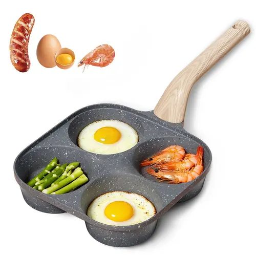Non-stick Hole Design Egg Frying Pan, 4 Hole Skillet with Handle, Small Egg Fry Pan 3-in-1 Divided Grill Pan, Wooden Handle Stone Omelet Non-stick Cookware, Breakfast Pancake Pan, Kitchen Gadgets for Gas and Induction Cooktops gas stove tiktokshopspringgl