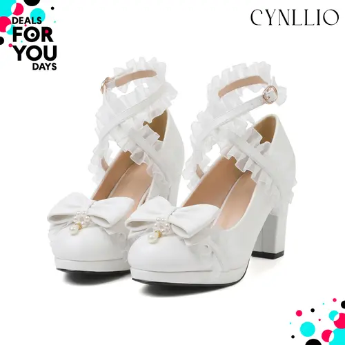 CYNLLIO Womes Chunky Block Heel Rounded Toe Cross Ruffle Ankle Strap Pearl Bow Kawaii Pumps Slip On Comfy Fashionable Wedding Party Cosplay Dating Casual Summer Mary Jane Wedding Shoes