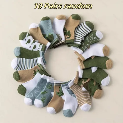 10 Pairs Random Dinosaur & Camo & Striped Pattern Kids Soft Comfy Cute Socks, Soft Skin-Friendly Adventure-themed Sock Set, Suitable for Boys & Girls (Aged 0-3 Years) Baby Socks, Infant Socks