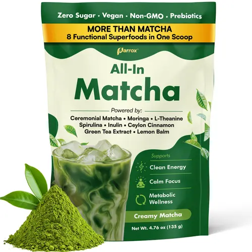 Parrox All-In Matcha with L-Theanine, Green Tea Extract & more for Clean Energy, Calm Focus, & Metabolic Healthcare - Ceremonial Grade - 100% First Harvest Japanese Tea (30 Servings)
