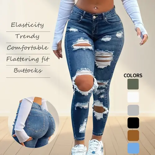NVFelix Women's High Waisted Ripped Elastic Skinny Jeans Fall New Style Curved Fit Distressed Denim, Suitable for Daily Wear, Commuting, and Dates, Denim Jean Pants