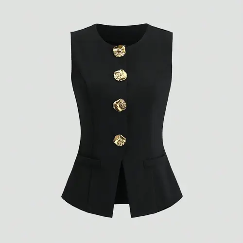 Women's Basic French-Style Sleeveless Slim Fit Blazer Vest with Metal Buttons, Lightweight Blazer for Spring and Fall Daily Wear, Classic Office Wear