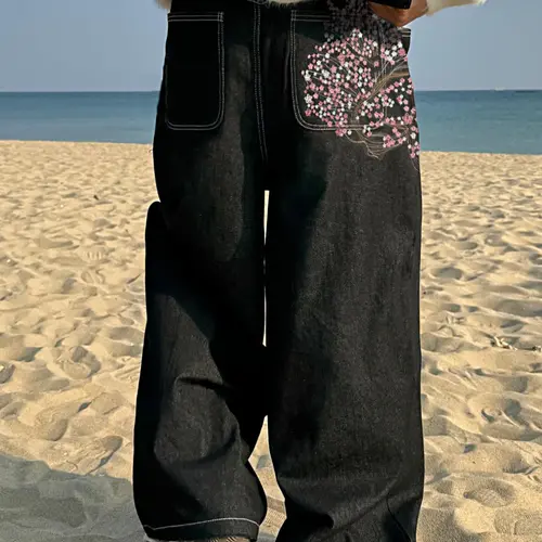 Men Raw Baggy Oversize Wide Leg Jeans, Floral Embroidery, Zipper Fly, Retro Style, Loose-Fitting, All Seasons, Y2K Hip Hop Streetwear