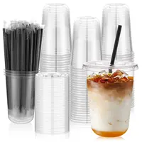 100-Pack 400ml Lightweight Transparent U-Cup Disposable Plastic Cups with Lids & Black Straws, Round-Bottom U-Shape Drinkware for Holiday Parties, Versatile for Any Beverage