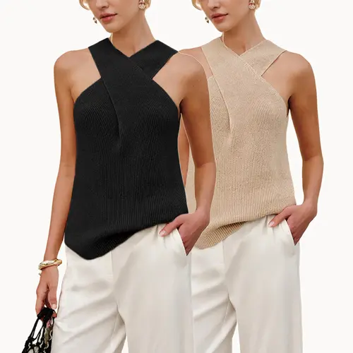 Tanming Women's Halter Cross Neck Knit Top - Shoulder Flattering Criss Cross Ribbed Tank Top Elegant Slim Fit Sleeveless Date Night Shirt,summerwins,summeroutfits,vacationoutfits,beachoutfits,back to school,back to school shopping