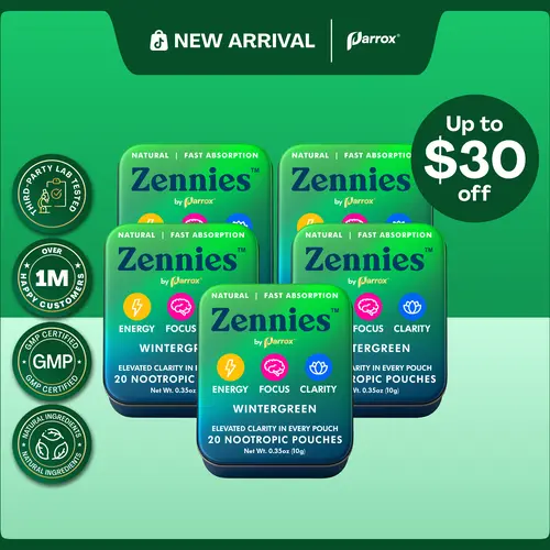 Zennies by Parrox - Caffeine Nootropic Pouches (Wintergreen Flavor) - No Nicotine, No Sugar, & All Natural - Fast Absorption for Energy, Focus, & Clarity - (20 Pouches)