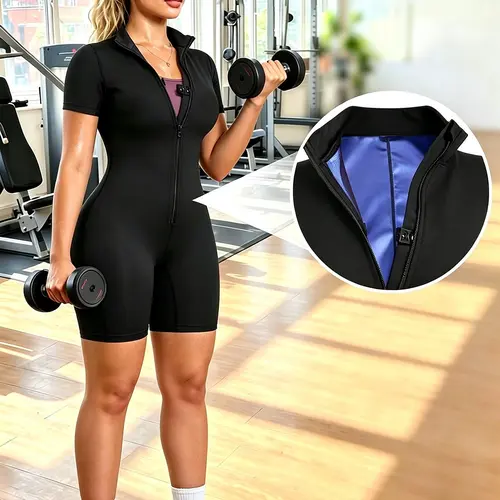 Women's Sporty Plain Short Sleeve Above Knee Jumpsuit, Unlined Yoga Romper, Zip-Up Sweat Bodysuit, Order One Size Up