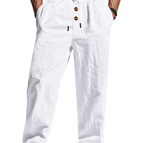 Men's Linen Long Pants, Breathable Casual Trousers, Lightweight Casual Design, Elastic Waistband, Casual Solid Drawstring, Perfect for Outdoor & Beach Use, Summer Bottoms