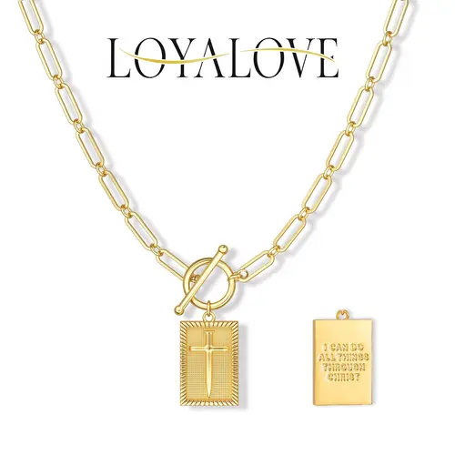 Loyalove 14K Gold Plated Charm Outdoorfun Cross Choker Necklace for Women, Back engraved with Jesus’ blessing message Thick Chunky Paperclip Chain Hip Hop Necklace Unisex Jewelry,Cuban Link Chain for Women Trendy Fashion jewelry gifts For Easter Su